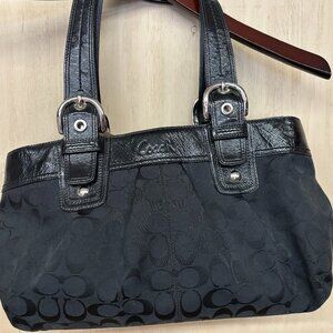 Coach Soho Signature Satchel - Black on Black Logo Jacquard and Leather